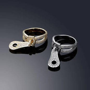 Hip Hop Style Yellow Gold Copper Iced Out Micro Pave CZ Women's Zipper Ring  -  GeraldBlack.com