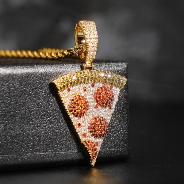 Iced Out Pizza Pendant&Necklace Copper Gold Silver Color Micro Paved Cubic Zircon Hip Hop Jewelry - SolaceConnect.com