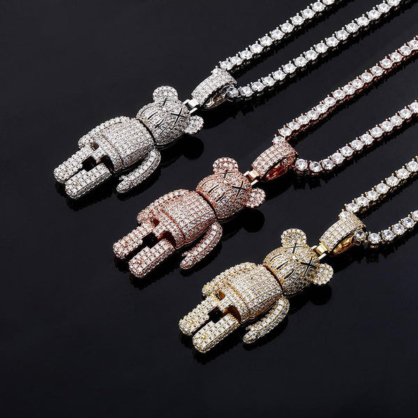 Iced Out Cartoon Bear Doll Pendant Claw Setting CZ Stone Bling Pendant Hip Hop Jewelry for Women Men - SolaceConnect.com