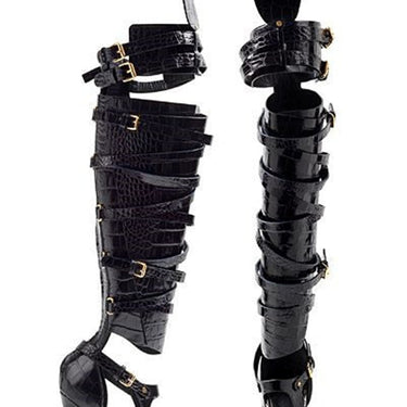 Hollow Cross-tied Sandals Belt Buckles Over-the-knee Boots Banquet High Heels Solid Stiletto Round Toe Shoes  -  GeraldBlack.com