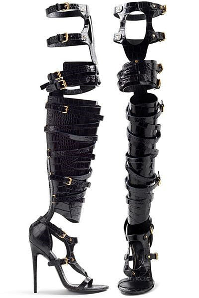 Hollow Cross-tied Sandals Belt Buckles Over-the-knee Boots Banquet High Heels Solid Stiletto Round Toe Shoes  -  GeraldBlack.com