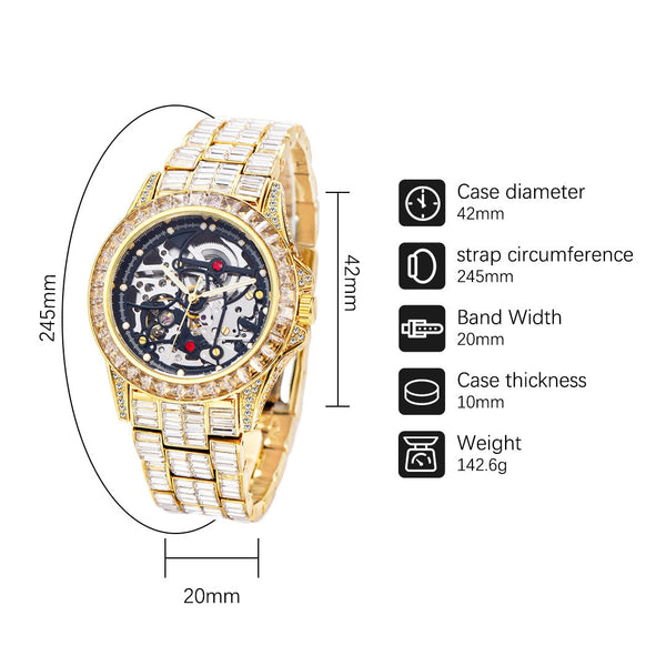 Hollow Hip Hop Diamond Mechanical Watches Men Auto Men Watches Luxury Ice Out Shiny waterproof  -  GeraldBlack.com
