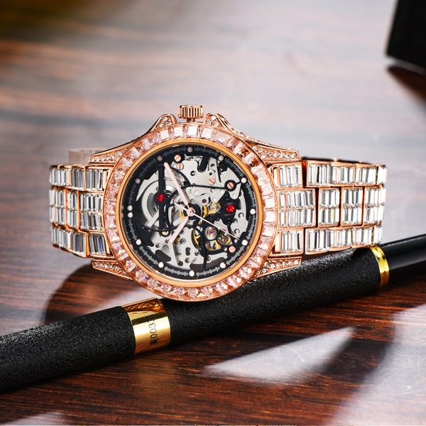 Hollow Hip Hop Diamond Mechanical Watches Men Auto Men Watches Luxury Ice Out Shiny waterproof  -  GeraldBlack.com