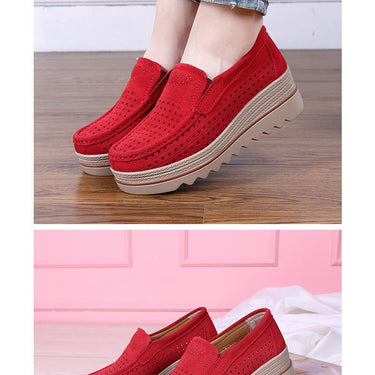 Hollow Red Spring Autumn Moccasins Woman Flats Genuine Leather Slip-ons Casual Lady Round Toe Cow Suede  -  GeraldBlack.com