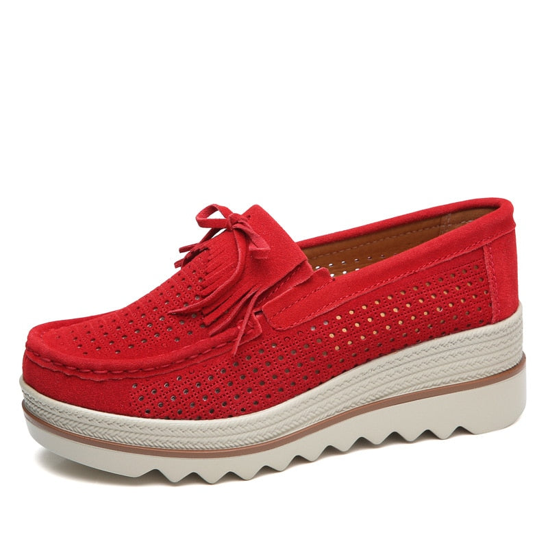 Hollow Red Women's Spring Autumn Moccasins Platforms Genuine Leather Slip-on Casual Lady Round Toe Cow Suede  -  GeraldBlack.com