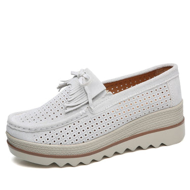 Hollow White Spring Autumn Moccasins Woman Platforms Genuine Leather Slip-on Casual Lady Round Toe Cow Suede  -  GeraldBlack.com