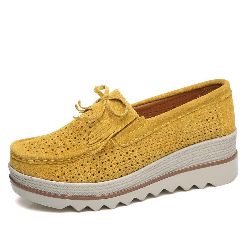 Hollow Yellow Spring Autumn Moccasins Woman Platforms Genuine Leather Slip-ons Casual Lady Round Toe Cow Suede  -  GeraldBlack.com
