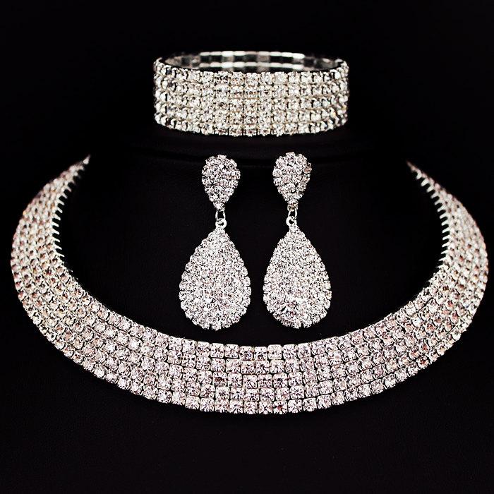Hot Classic Rhinestone Crystal Choker Necklace Earrings Bracelet Set  -  GeraldBlack.com
