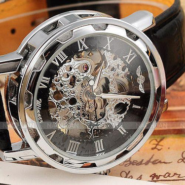 Hot Sale Skeleton Hollow Mechanical Hand Wind Business Leather Wristwatch - SolaceConnect.com