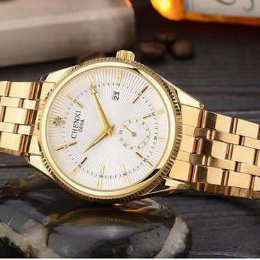 Hot Selling Gold Water Resistant Quartz Wristwatches with Calendar for Men - SolaceConnect.com