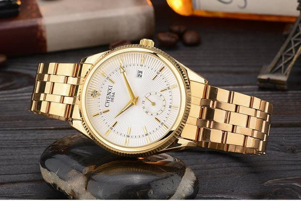 Hot Selling Gold Water Resistant Quartz Wristwatches with Calendar for Men - SolaceConnect.com