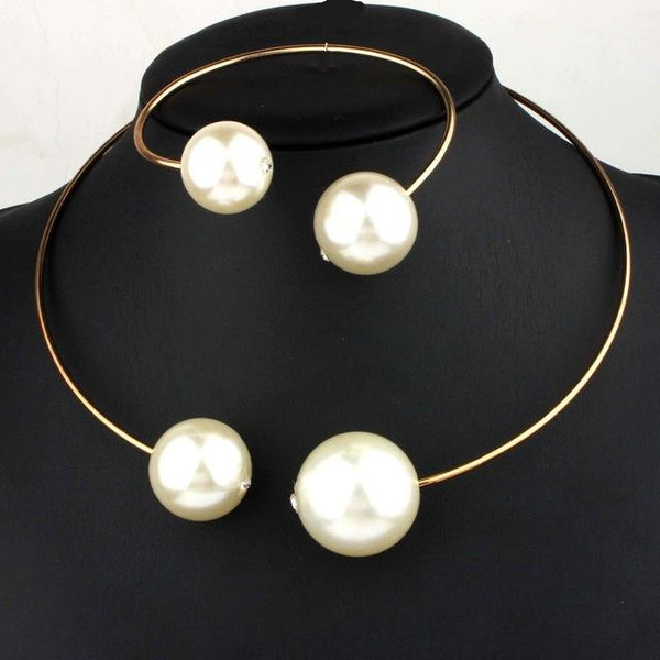 Huge Imitation Pearl Rhinestone Necklace Bangle Earrings Rings Jewelry Sets - SolaceConnect.com