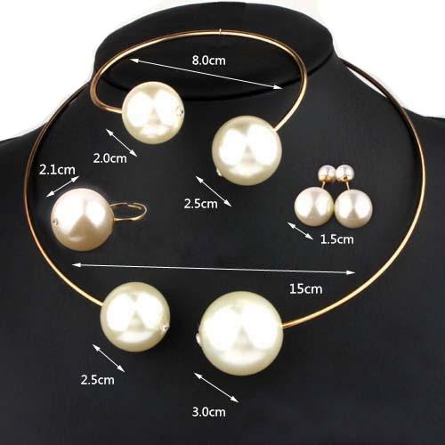 Huge Imitation Pearl Rhinestone Necklace Bangle Earrings Rings Jewelry Sets - SolaceConnect.com