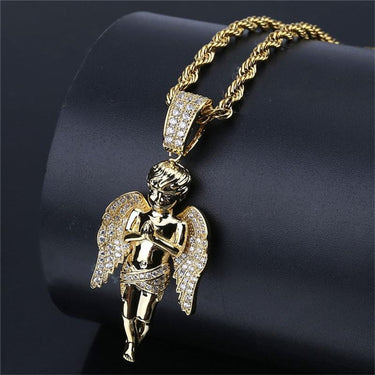Iced Out Angel Zircon Pendant Hip Hop Gold Chain Necklace for Men Women - SolaceConnect.com