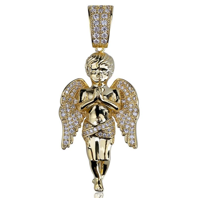 Iced Out Angel Zircon Pendant Hip Hop Gold Chain Necklace for Men Women - SolaceConnect.com