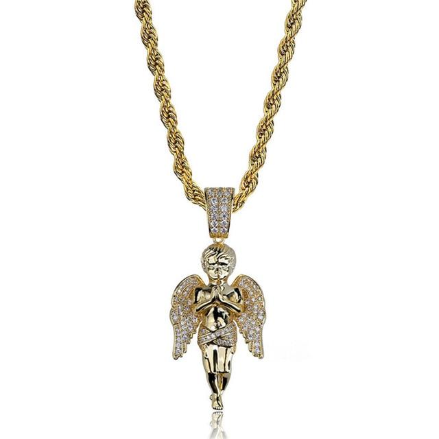 Iced Out Angel Zircon Pendant Hip Hop Gold Chain Necklace for Men Women  -  GeraldBlack.com