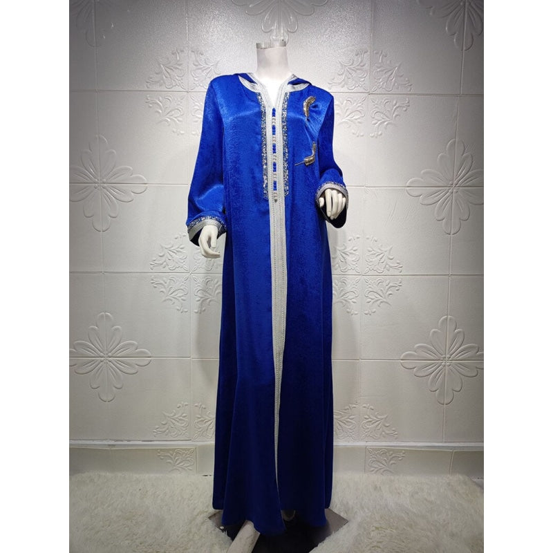 India Pakistan Middle Eastern Muslim Women's Blue Velvet Long Abaya Dress  -  GeraldBlack.com