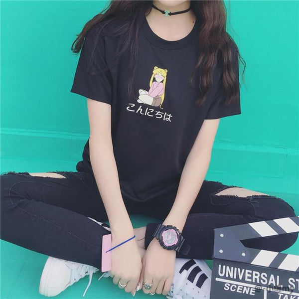 Japanese Letter & Girl Printed Loose Casual Short Sleeve Female T-Shirt - SolaceConnect.com