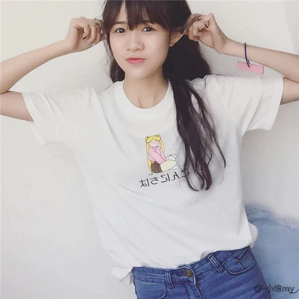 Japanese Letter & Girl Printed Loose Casual Short Sleeve Female T-Shirt  -  GeraldBlack.com