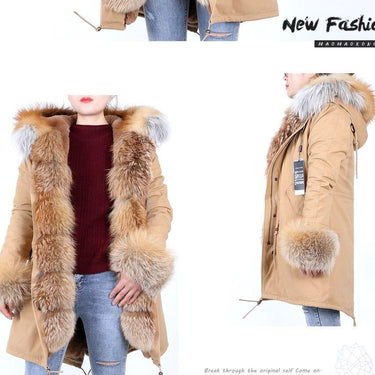Khaki Women's leather jacket Large Natural Fox Fur Hooded Coat Parka Outwear Long Detachable - SolaceConnect.com