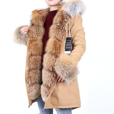 Khaki Color Women's Fox Fur Leather Hooded Long Detachable Coats & Jackets  -  GeraldBlack.com