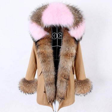 Khaki Color Women's Natural Real Fur Collared Coat Parka Jacket for Winter  -  GeraldBlack.com