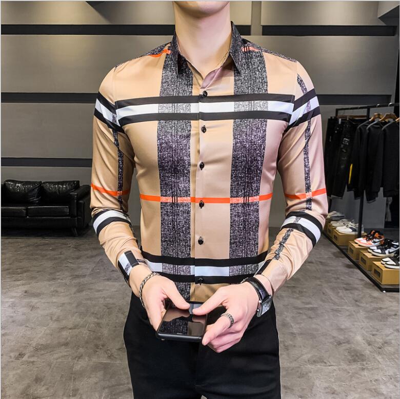 Khaki Luxury Print Clothing Designer Slim Long Sleeve Shirt for Men  -  GeraldBlack.com