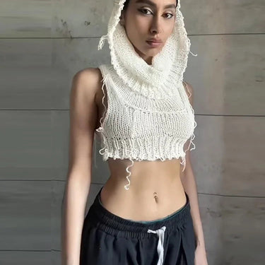 Knit Hooded Tank Top Y2K Women Solid Crochet Sleeveless Sexy Navel Camisole Stretch Skinny Street Hipster Wild Vest  -  GeraldBlack.com