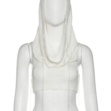 Knit Hooded Tank Top Y2K Women Solid Crochet Sleeveless Sexy Navel Camisole Stretch Skinny Street Hipster Wild Vest  -  GeraldBlack.com