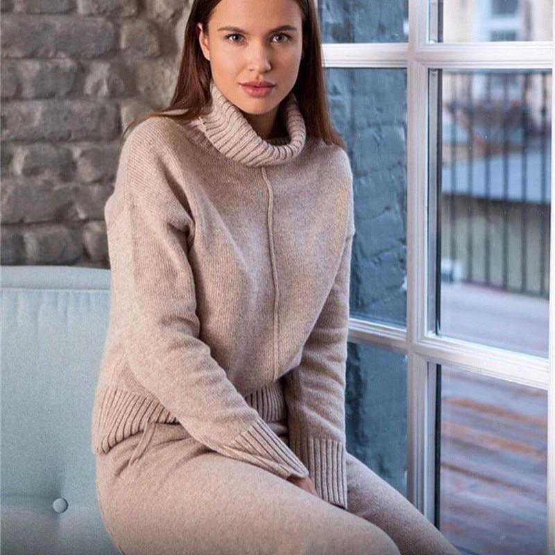 Knitted Winter 2 Piece Tracksuit Clothing Set with Turtleneck Sweatshirts  -  GeraldBlack.com