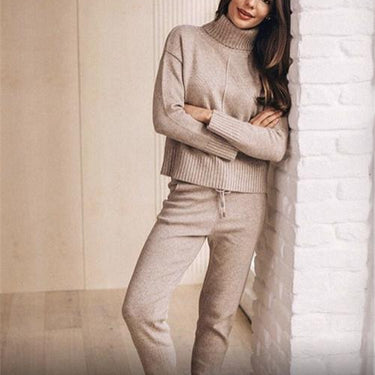 Knitted Winter 2 Piece Tracksuit Clothing Set with Turtleneck Sweatshirts - SolaceConnect.com