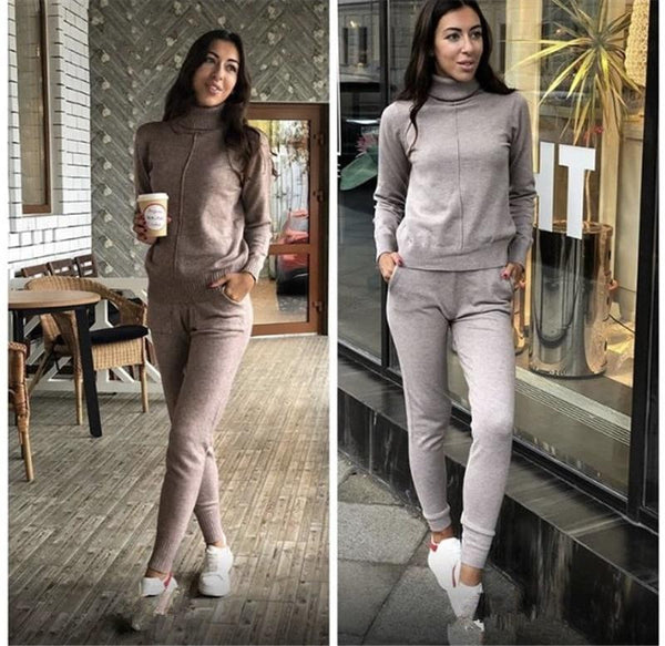 Knitted Winter 2 Piece Tracksuit Clothing Set with Turtleneck Sweatshirts - SolaceConnect.com
