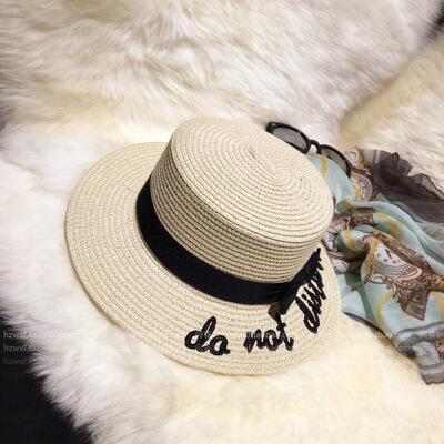 Korea Style Embroidery Letter Boater Flat Top Round Bow Wide Brim Straw Hat - SolaceConnect.com