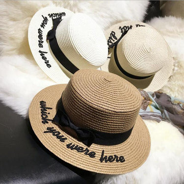 Korea Style Embroidery Letter Boater Flat Top Round Bow Wide Brim Straw Hat  -  GeraldBlack.com