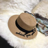 Korea Style Embroidery Letter Boater Flat Top Round Bow Wide Brim Straw Hat - SolaceConnect.com