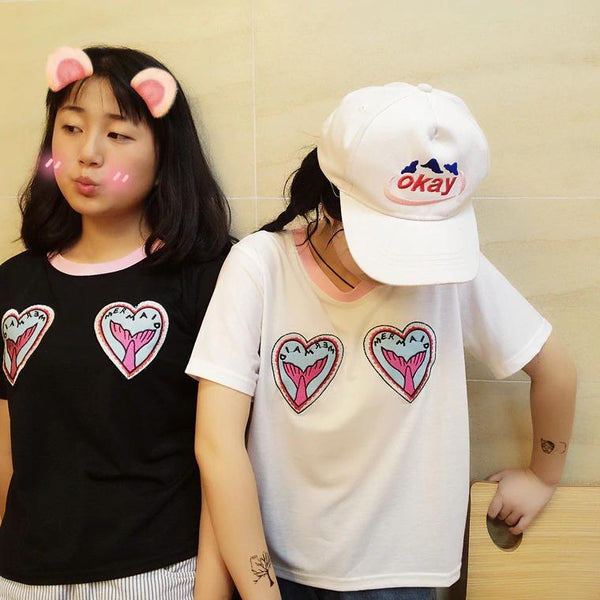 Korean Character Embroidery Harajuku Peach Women's Casual T-Shirt  -  GeraldBlack.com