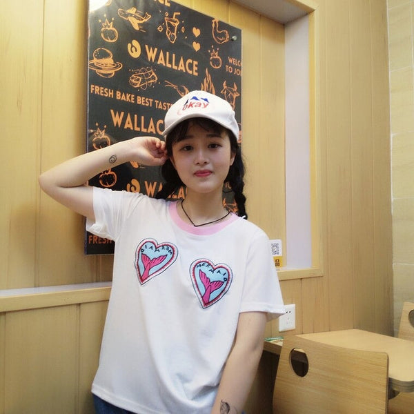 Korean Character Embroidery Harajuku Peach Women's Casual T-Shirt  -  GeraldBlack.com