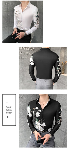 Korean Design Slim Fit Long Sleeve Floral Print Autumn Winter Shirt for Men  -  GeraldBlack.com