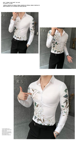 Korean Design Slim Fit Long Sleeve Floral Print Autumn Winter Shirt for Men  -  GeraldBlack.com