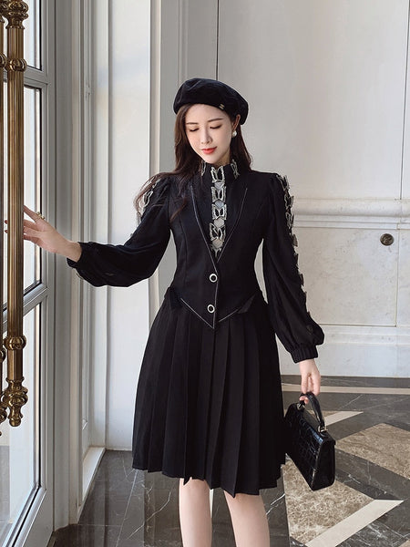 Korean Elegant Office Pleated Dress Women Winter Simple Basic Dresses Vintage Casual Party  -  GeraldBlack.com