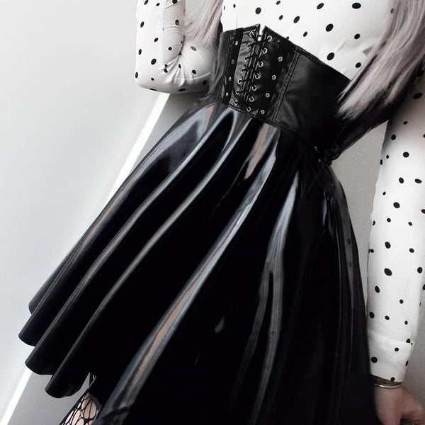 Korean Fashion Women's Faux Leather Bandage Design Mini Pleated Skirts - SolaceConnect.com