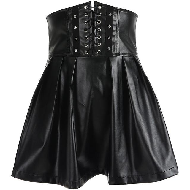 Korean Fashion Women's Faux Leather Bandage Design Mini Pleated Skirts - SolaceConnect.com