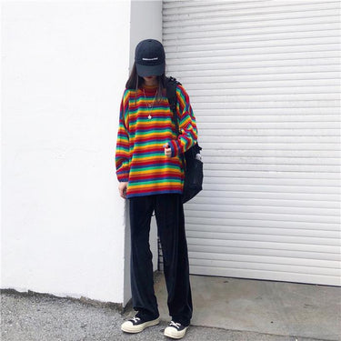 Korean Harajuku Style Hong Kong Loose Striped Female Pullover Sweaters - SolaceConnect.com