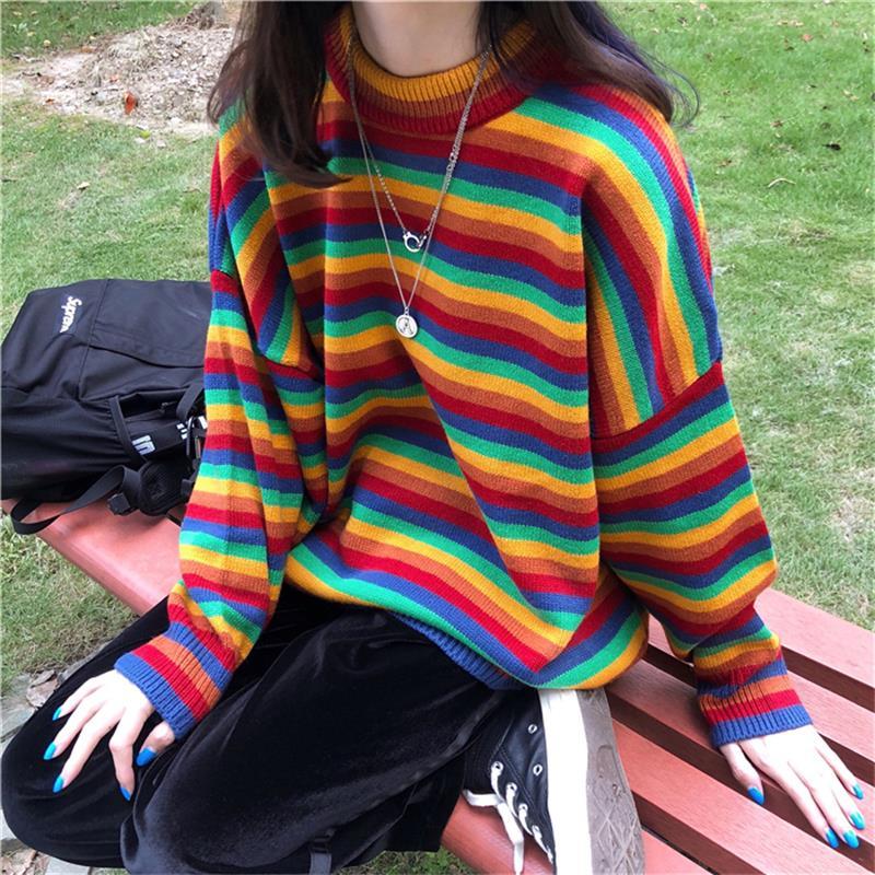 Korean Harajuku Style Hong Kong Loose Striped Female Pullover Sweaters  -  GeraldBlack.com