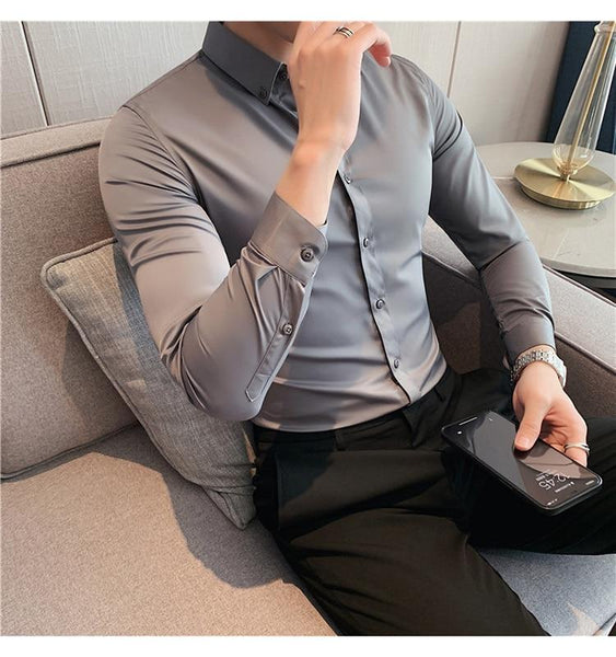 Korean Men's Solid Long Sleeves Slim Fit Streetwear Night Club Casual Shirt - SolaceConnect.com