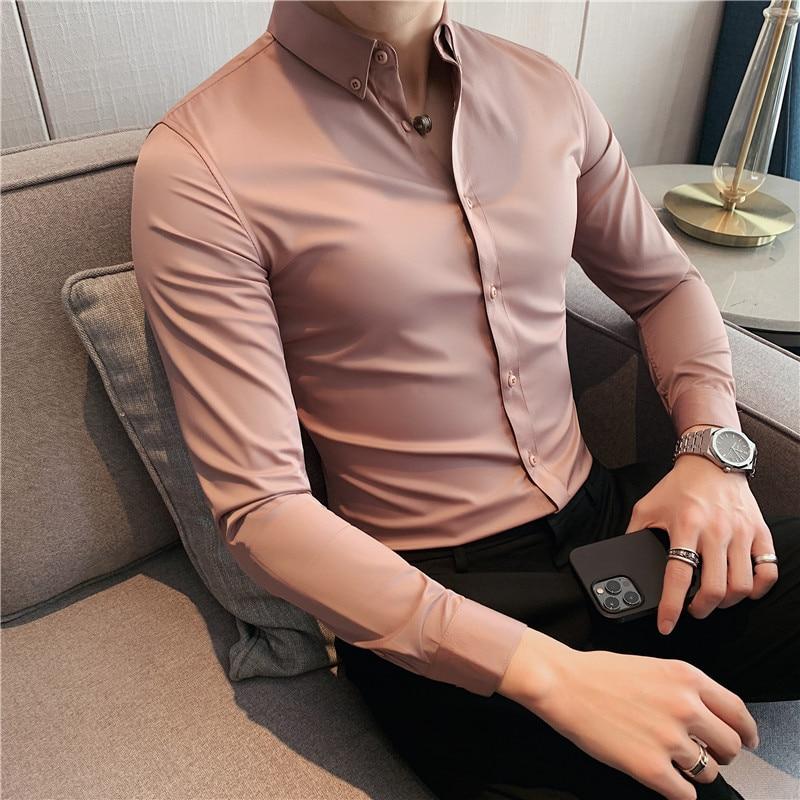 Korean Men's Solid Long Sleeves Slim Fit Streetwear Night Club Casual Shirt  -  GeraldBlack.com