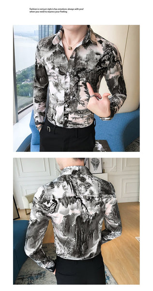 Korean Slim Fit Printed Casual Long Sleeve Night Club Dress Shirt for Men  -  GeraldBlack.com