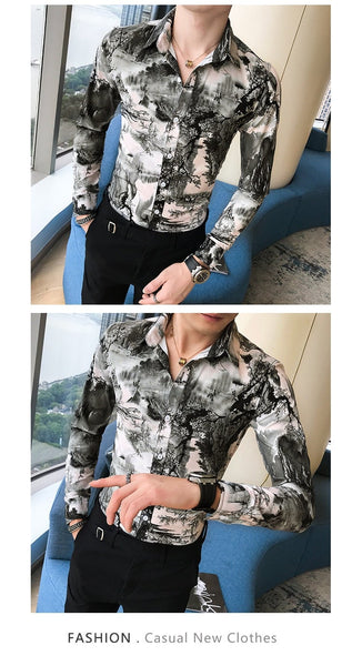 Korean Slim Fit Printed Casual Long Sleeve Night Club Dress Shirt for Men  -  GeraldBlack.com