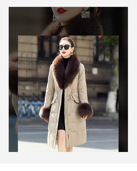 Korean Style Genuine Leather Duck Down Fox Fur Collar Jacket for Women - SolaceConnect.com