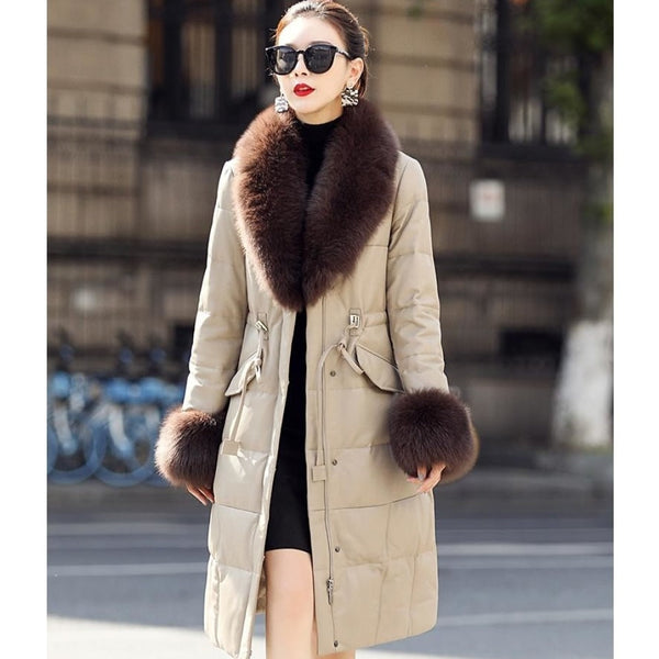 Korean Style Genuine Leather Duck Down Fox Fur Collar Jacket for Women  -  GeraldBlack.com